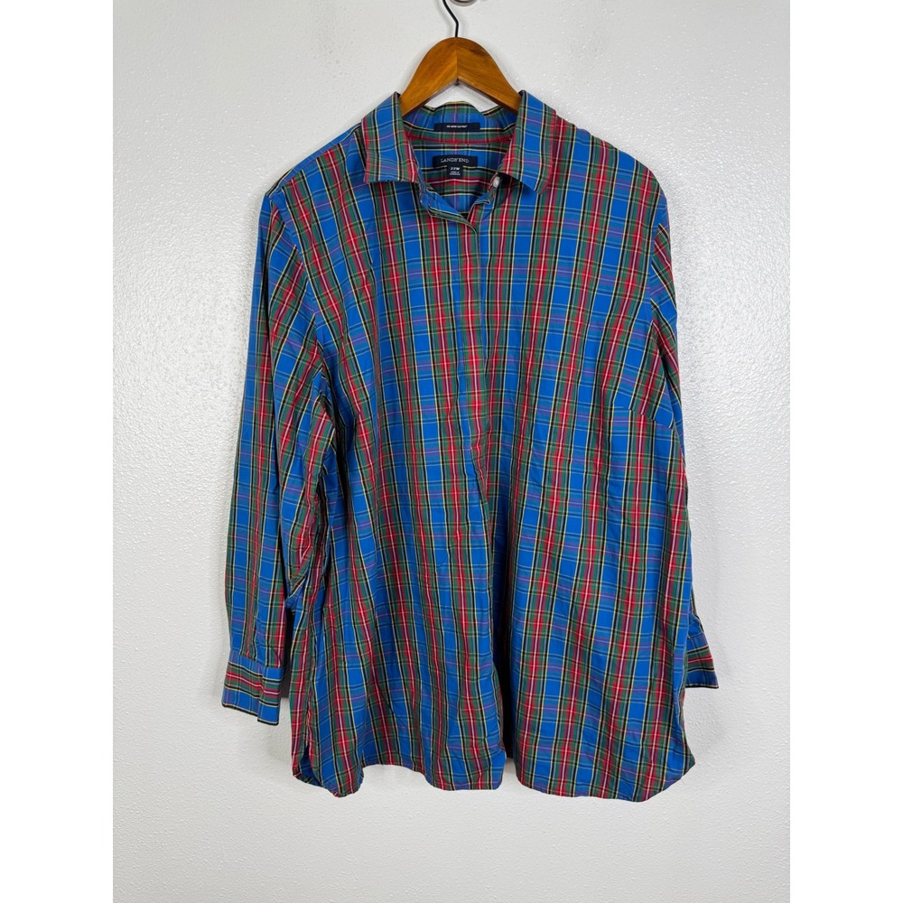Lands End Womens 22W No Iron Supima Cotton Plaid Popover Shirt Blue Multi